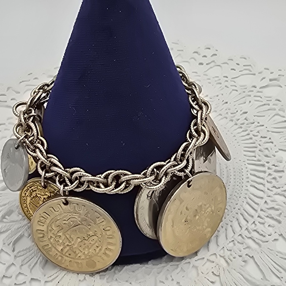 Vintage Coro Coin Charm Bracelet Mid Century Around the World Jewelry Full